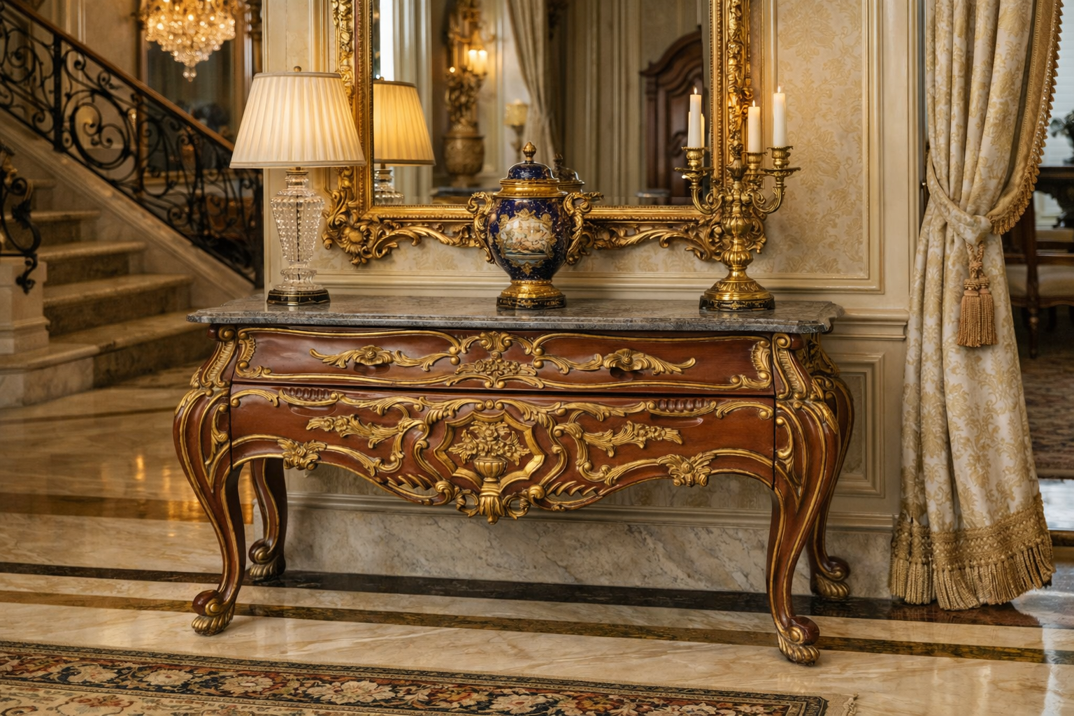 Ornate Baroque Console Table with Black Marble Top & Gold Accents