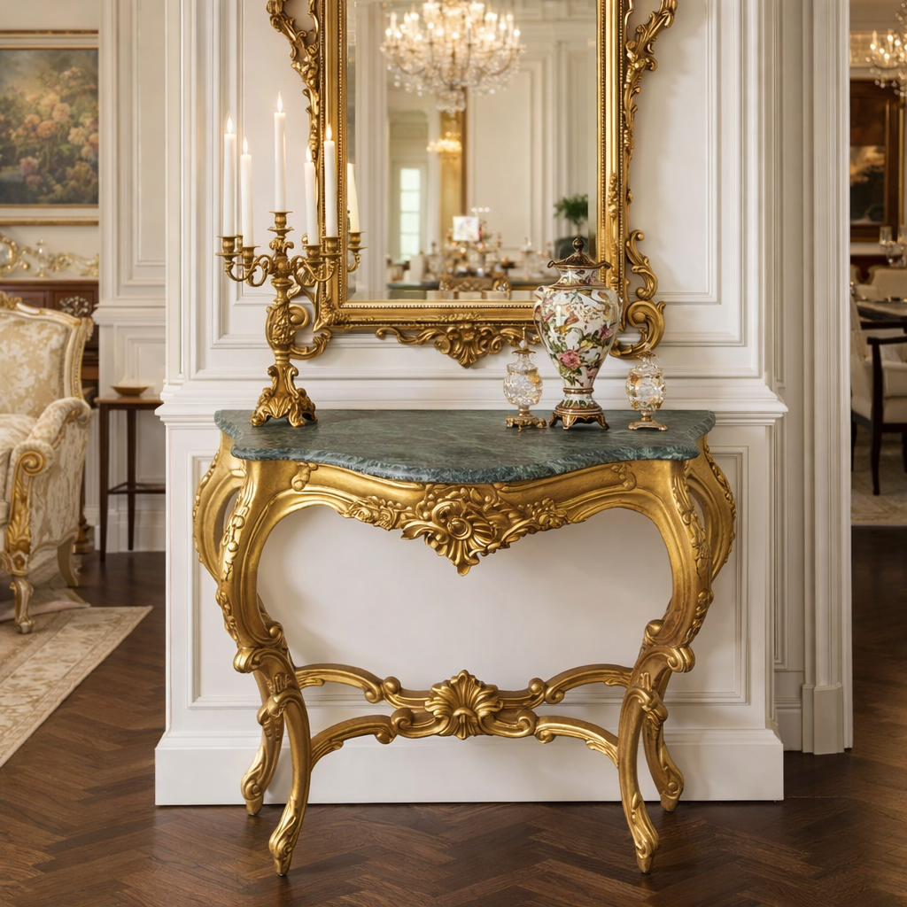 Regency Royale Ornate Gold Console Table with Green Top – 33.46"W