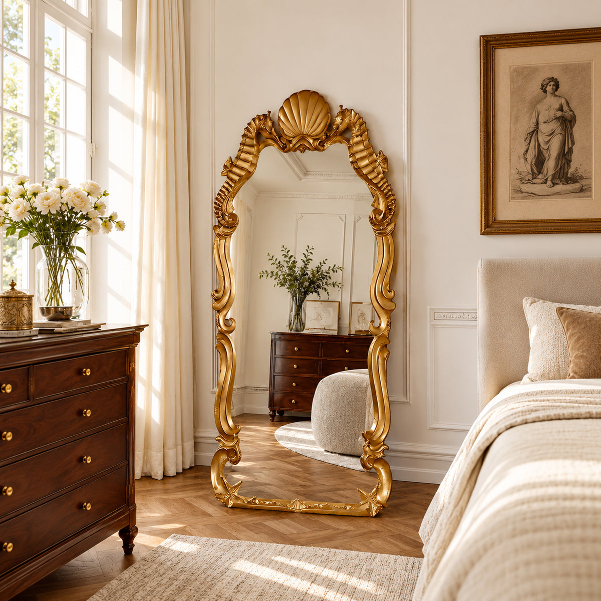 70.9" Ornate Gold Seahorse & Shell Leaning Floor Mirror