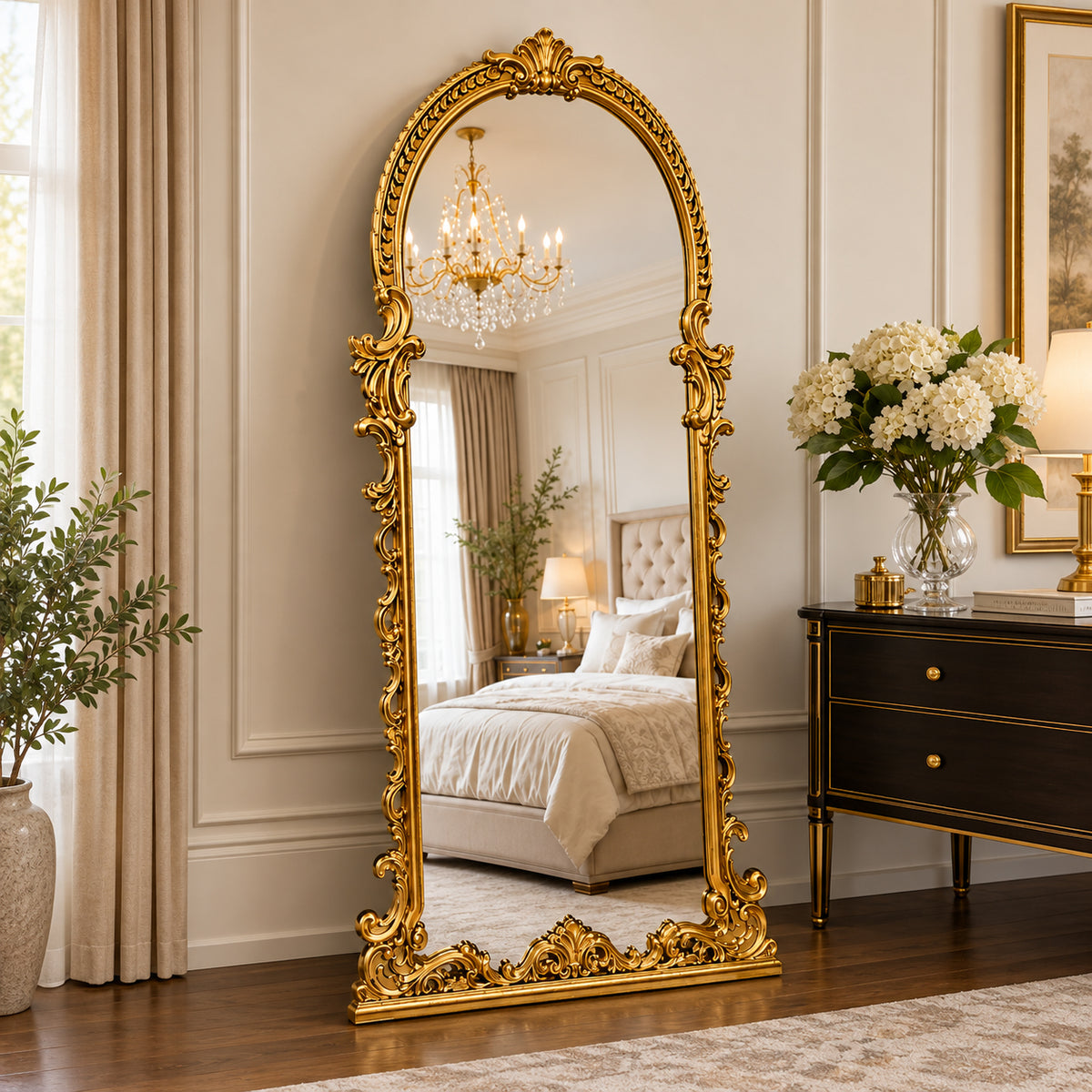 Ornate Baroque Full-Length Floor Mirror in Black or Gold
