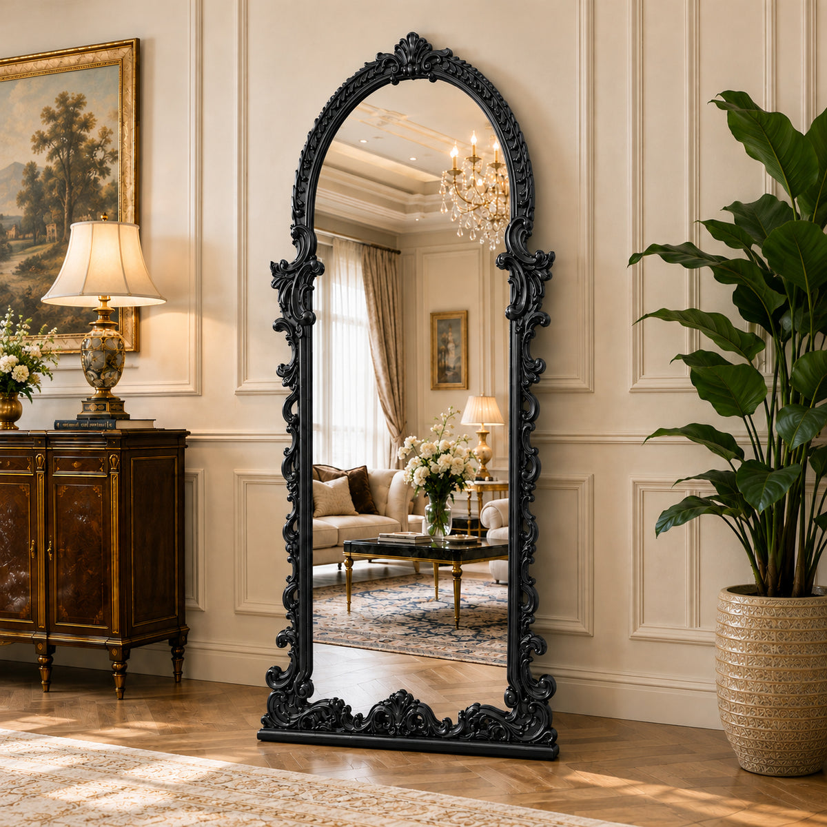 Ornate Baroque Full-Length Floor Mirror in Black or Gold