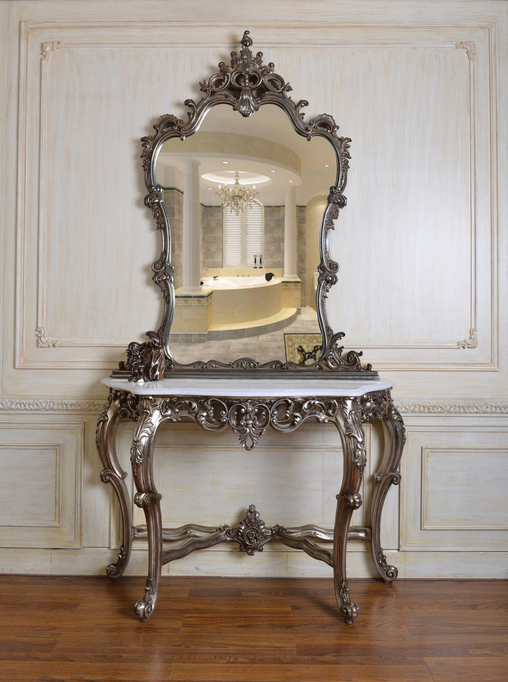 Regal Rococo Silver Console Table with Marble Top – 53" Wide