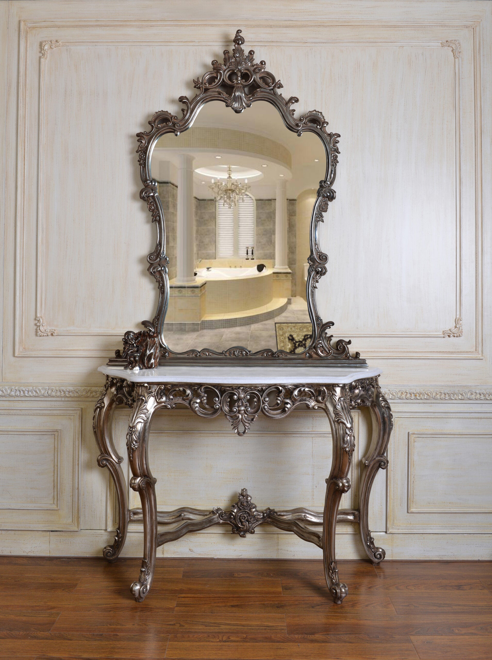 Regal Rococo Silver Console Table with Marble Top – 53" Wide