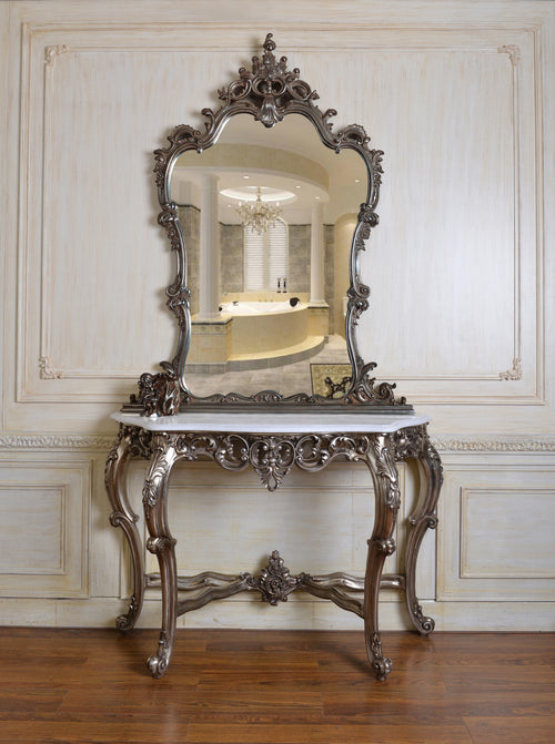 Antique Silver Console Table with Cream Marble Top