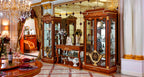 Imperial Elegance Walnut Console Table with Gold Accents & Display Shelves