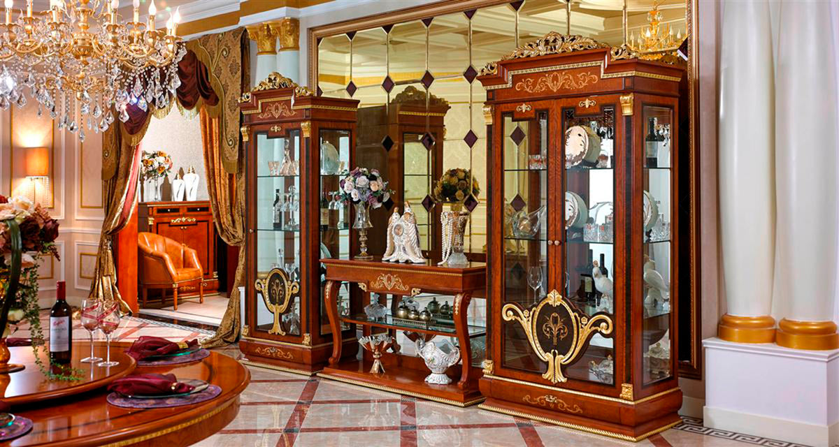 Imperial Elegance Walnut Console Table with Gold Accents & Display Shelves