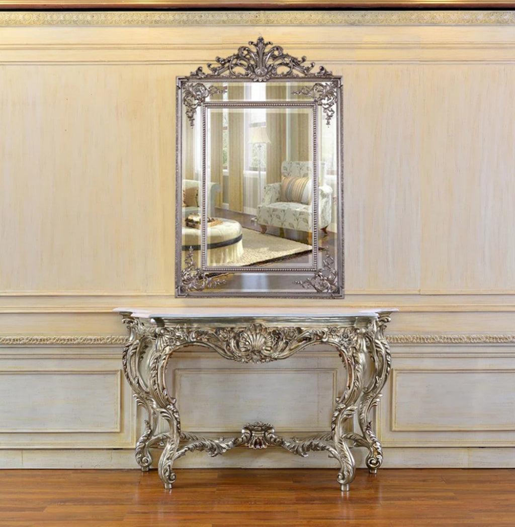 Luxury Rococo Silver Console Table with White Stone Top – 60.6" Wide