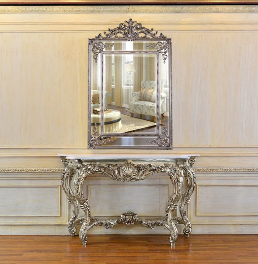 Luxury Rococo Silver Console Table with White Stone Top – 60.6" Wide