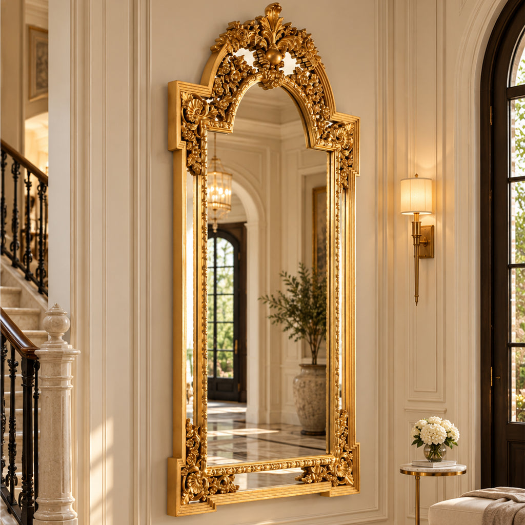 Seraphina Grand Royal Crest Gold Wall Mirror – Oversized Ornate European Statement Mirror