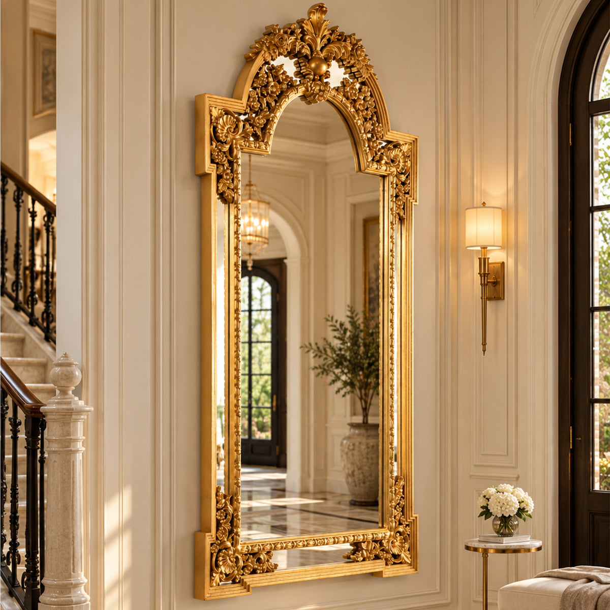 Seraphina Grand Royal Crest Gold Wall Mirror – Oversized Ornate European Statement Mirror