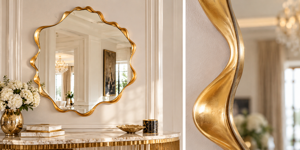 Aurelia Sculptural Gold Wave Wall Mirror – Oversized 50" Statement Mirror