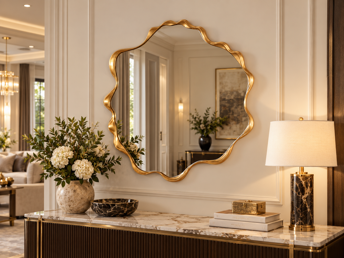 Aurelia Sculptural Gold Wave Wall Mirror – Oversized 50" Statement Mirror