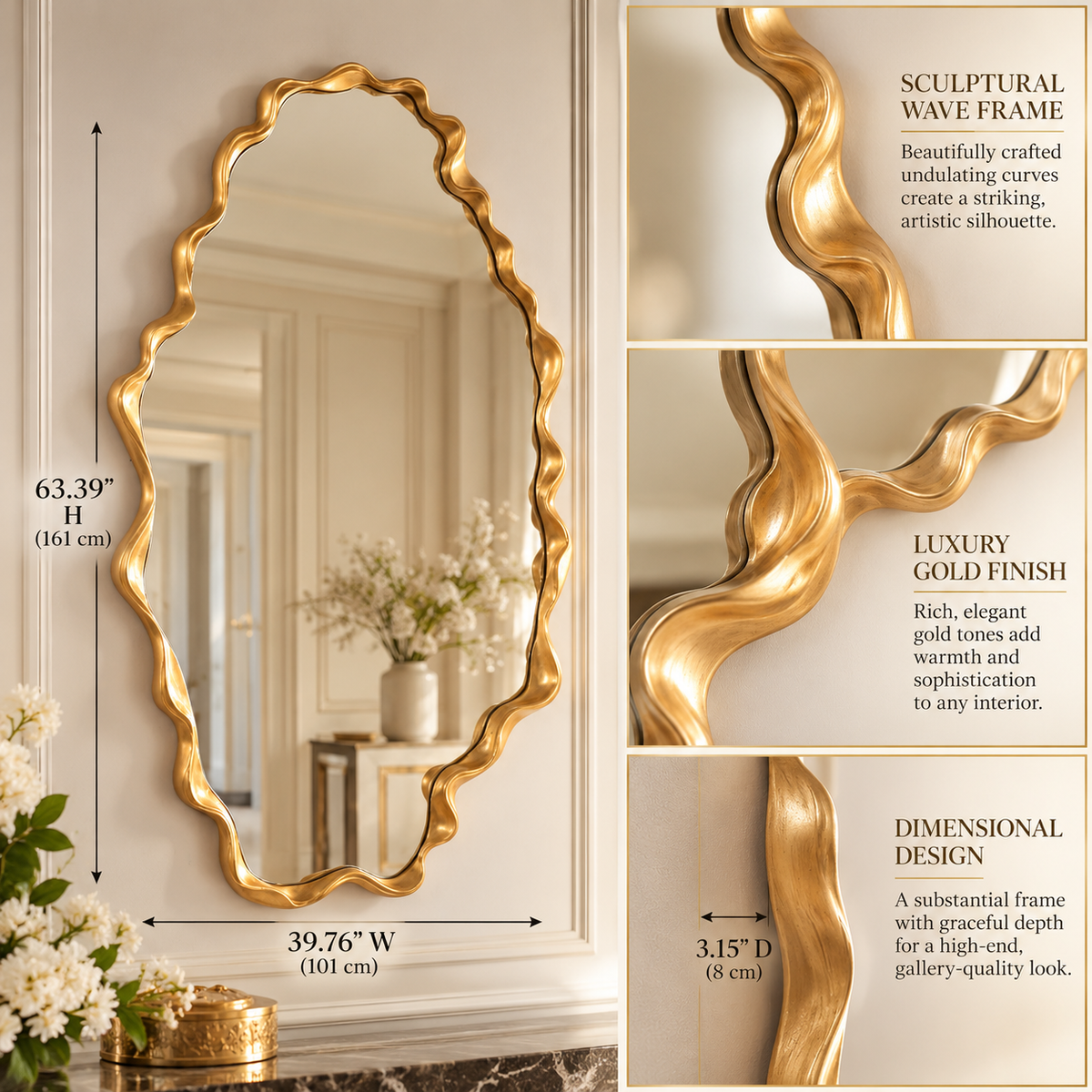 Solenne Sculptural Gold Wave Wall Mirror – Oversized Luxury Statement Mirror