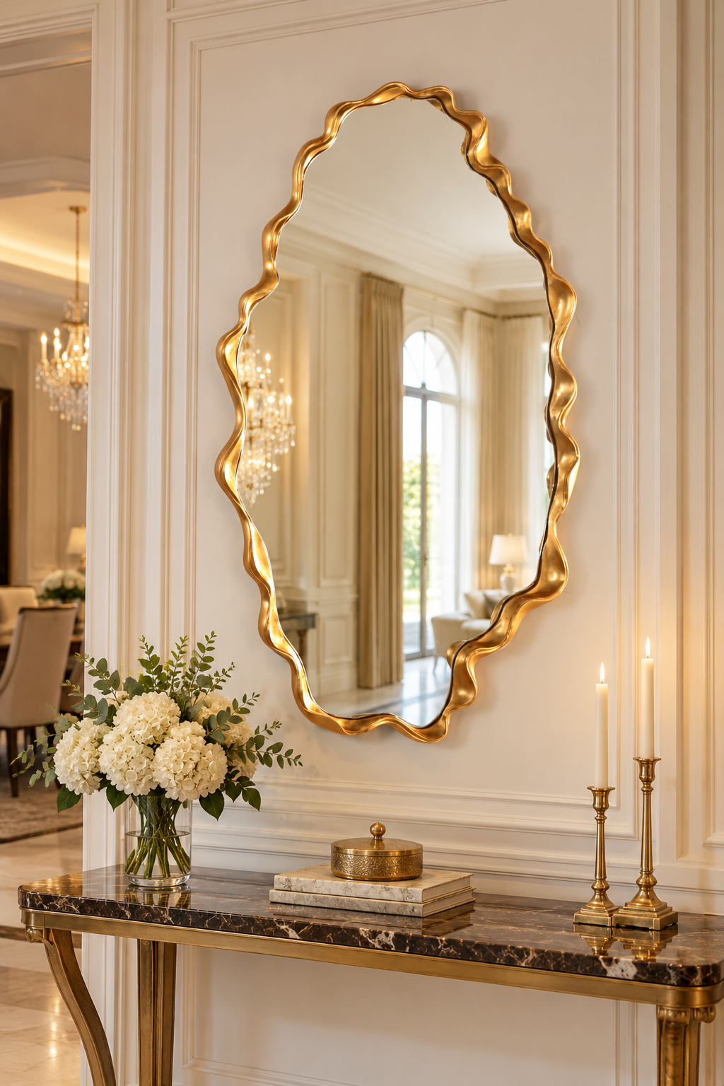 Solenne Sculptural Gold Wave Wall Mirror – Oversized Luxury Statement Mirror