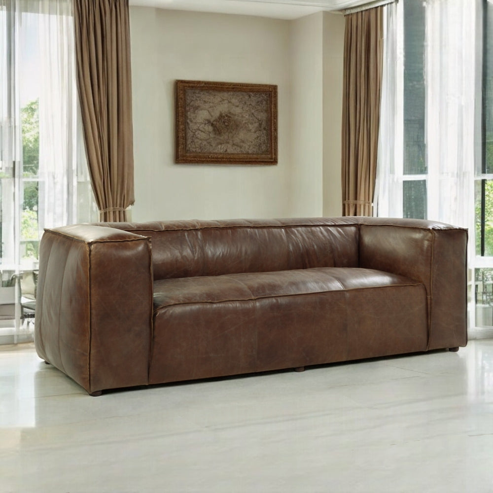 98" Vintage Brown Top-Grain Leather Sofa – Modern Shelter-Arm Statement Piece