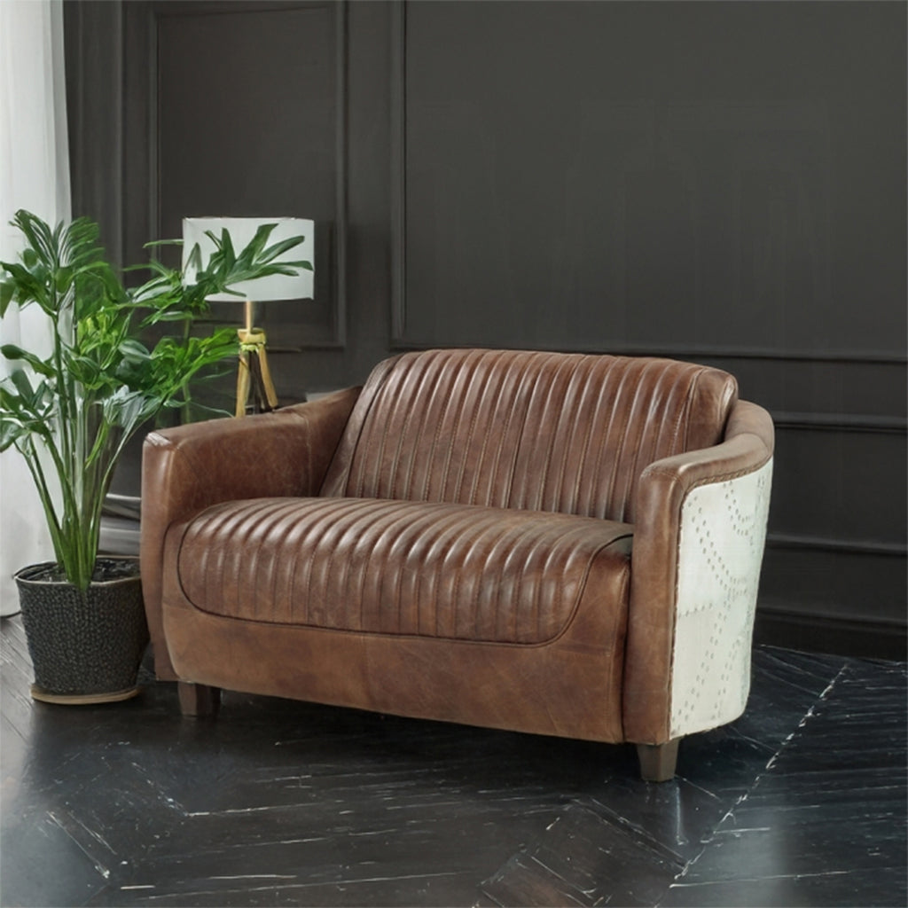 Vintage Aviator Brown Top-Grain Leather Loveseat with Riveted Aluminum Frame