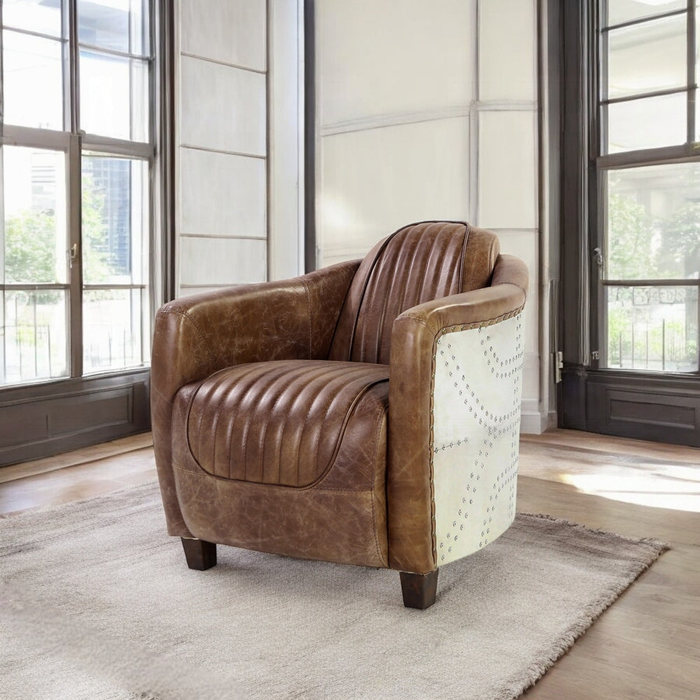 Aviara Vintage Brown Top-Grain Leather & Aluminum Club Chair