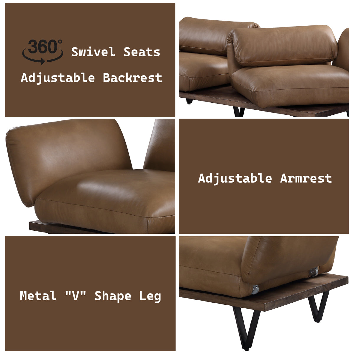 Valenza Luxe 88" Top-Grain Leather Sofa with 360° Swivel Seats & Adjustable Backrests