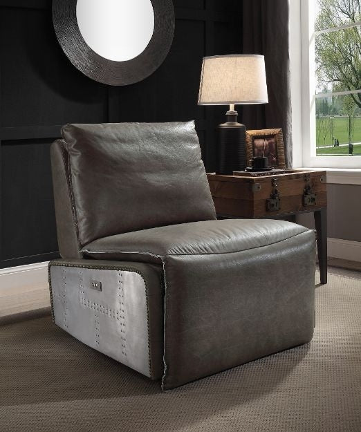 Avermont Gray Top-Grain Leather Power Recliner with Aluminum Accents