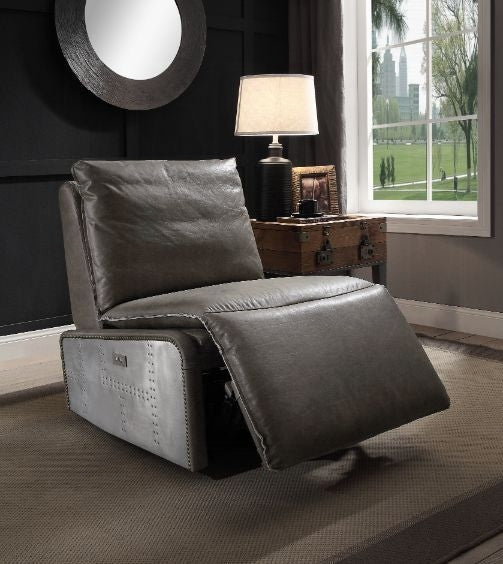 Avermont Gray Top-Grain Leather Power Recliner with Aluminum Accents