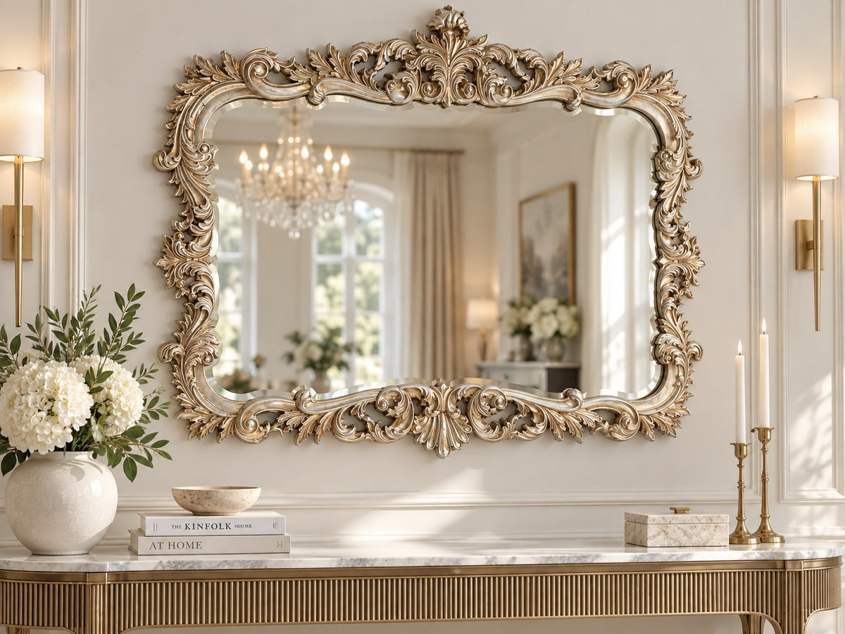 Ornate Baroque Accent Mirror – Gold or Silver Finish