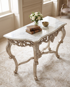 Antique Silver Console Table with Cream Marble Top