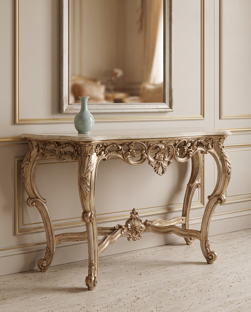 Antique Silver Console Table with Cream Marble Top