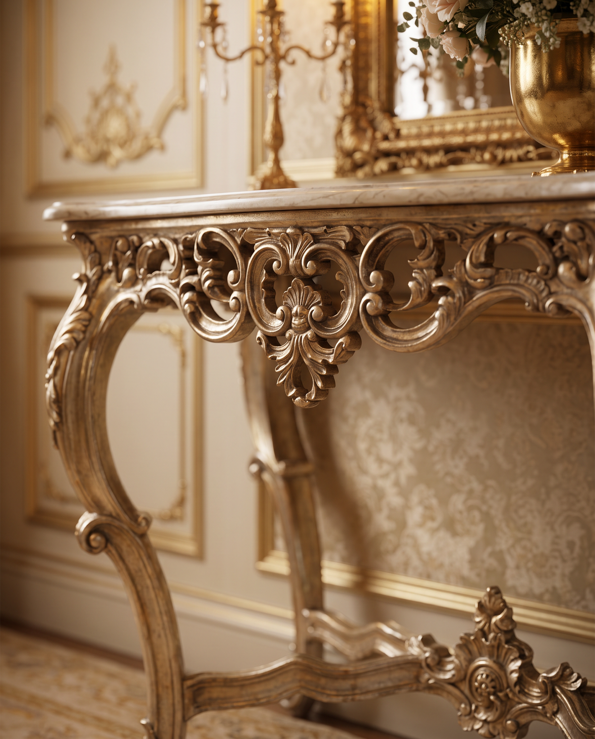 Antique Silver Console Table with Cream Marble Top