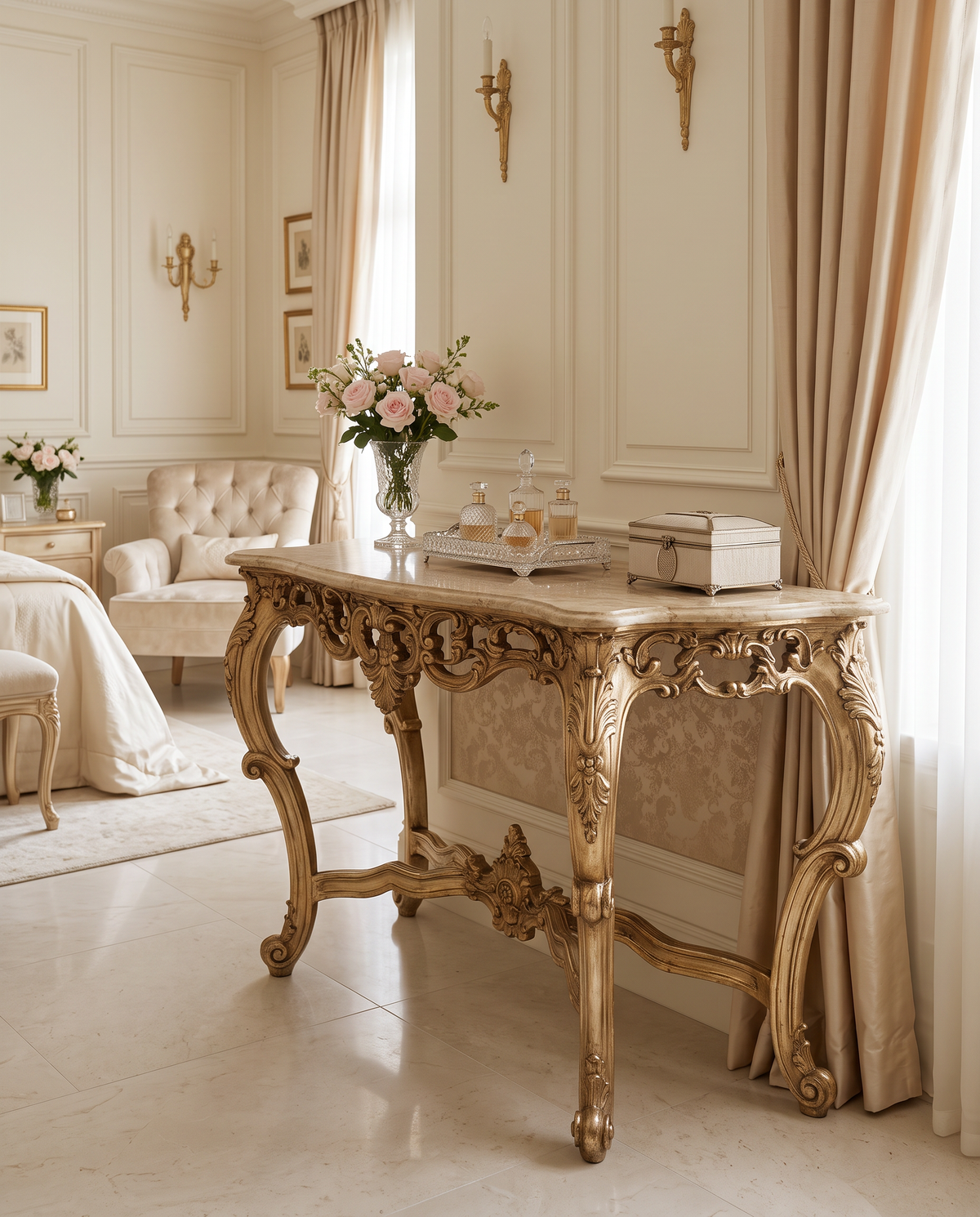 Antique Silver Console Table with Cream Marble Top