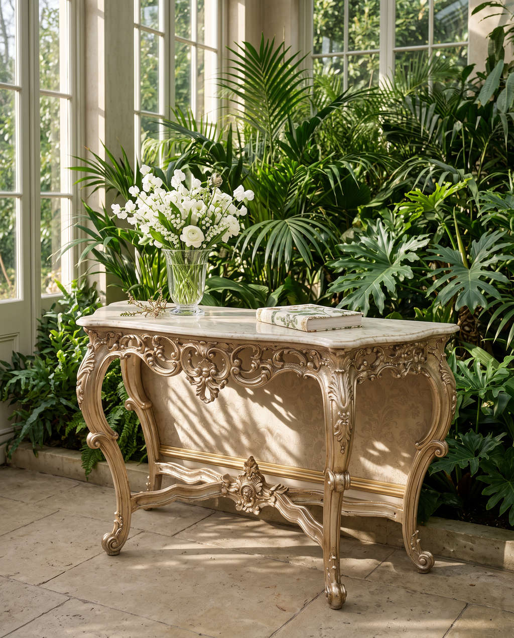 Antique Silver Console Table with Cream Marble Top