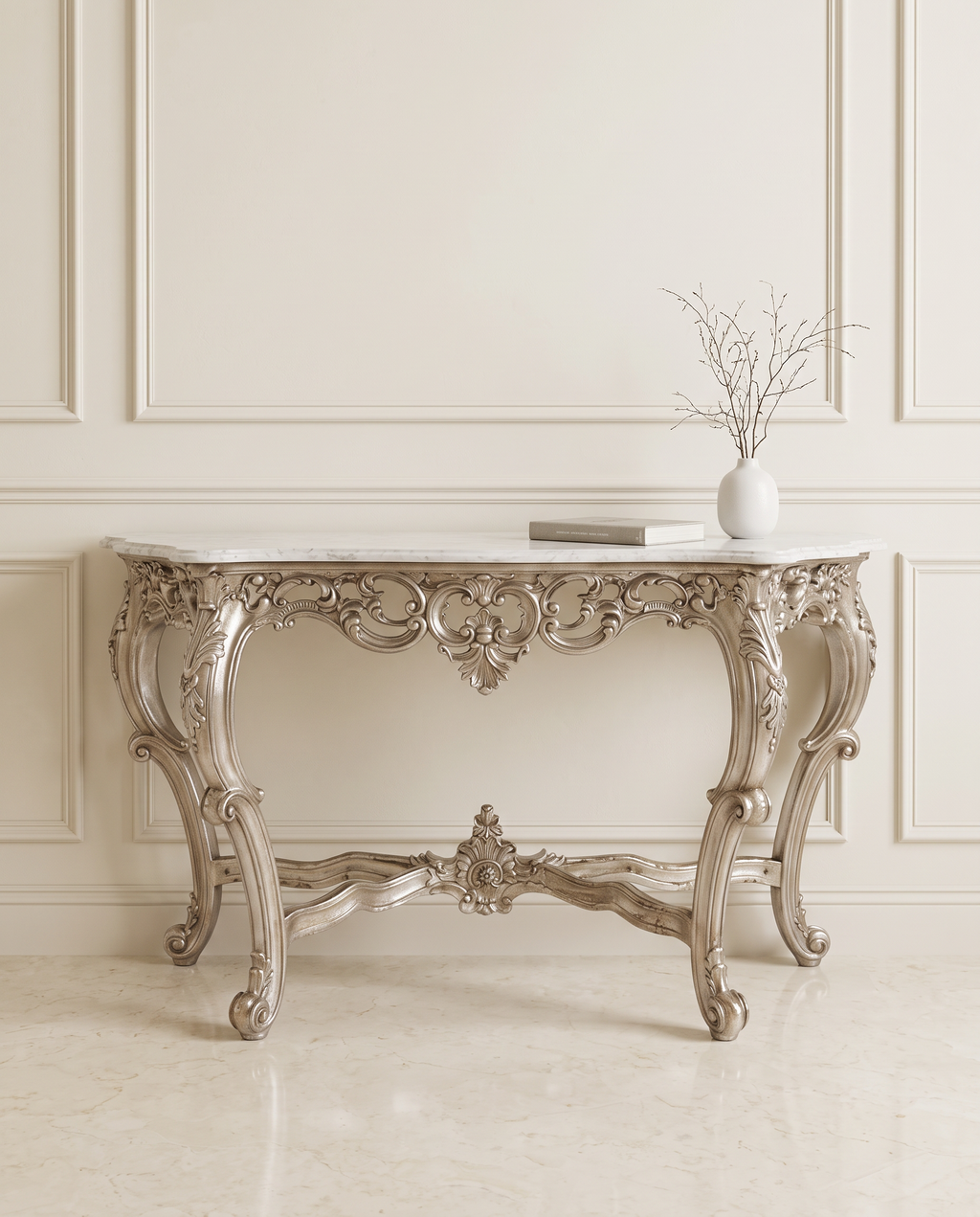 Antique Silver Console Table with Cream Marble Top