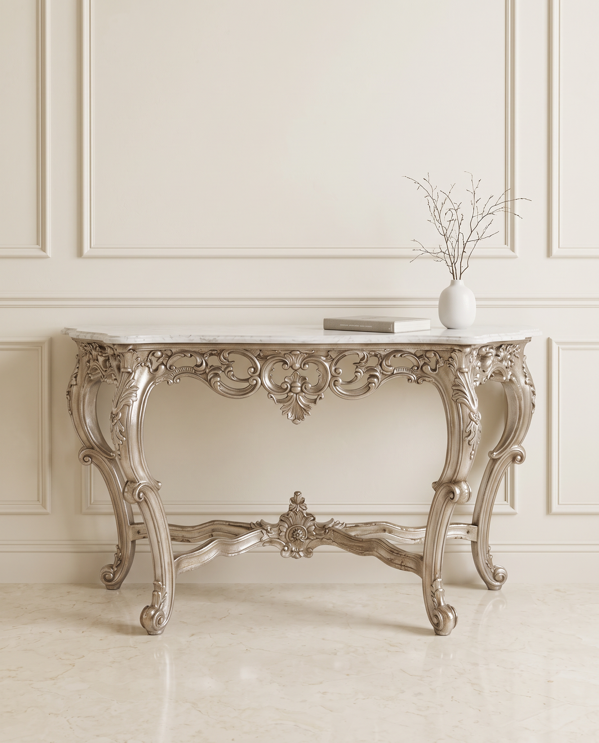 Antique Silver Console Table with Cream Marble Top