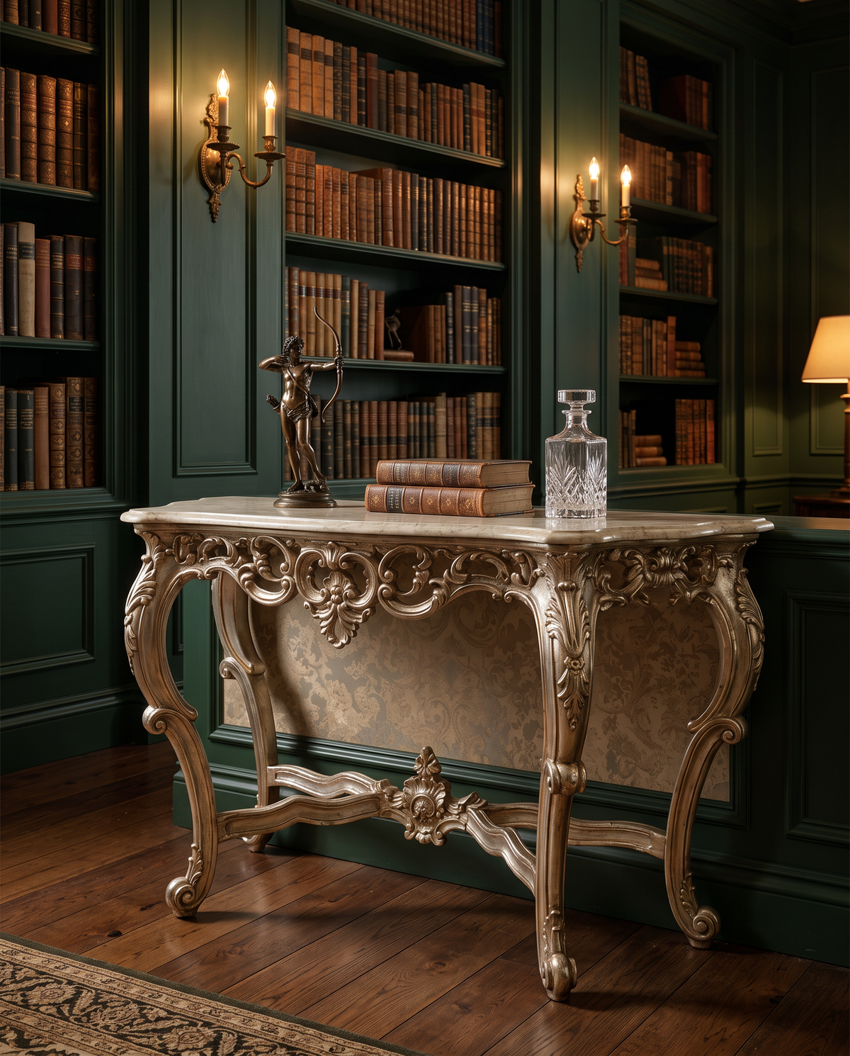 Antique Silver Console Table with Cream Marble Top