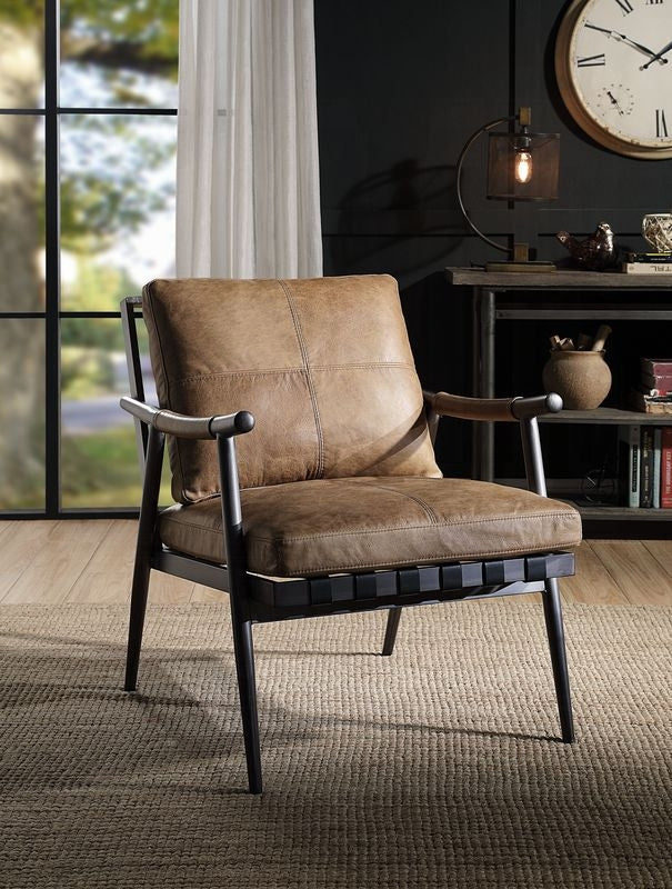 Chestnut Top-Grain Leather & Black Iron Accent Chair