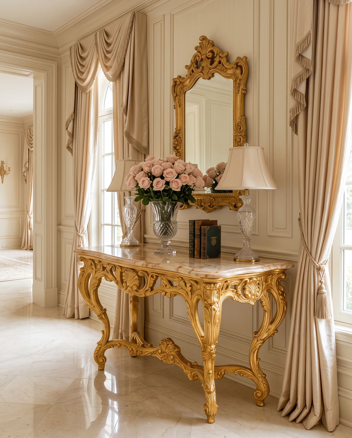 Aurelia Gold Console Table with Amber Marble Top