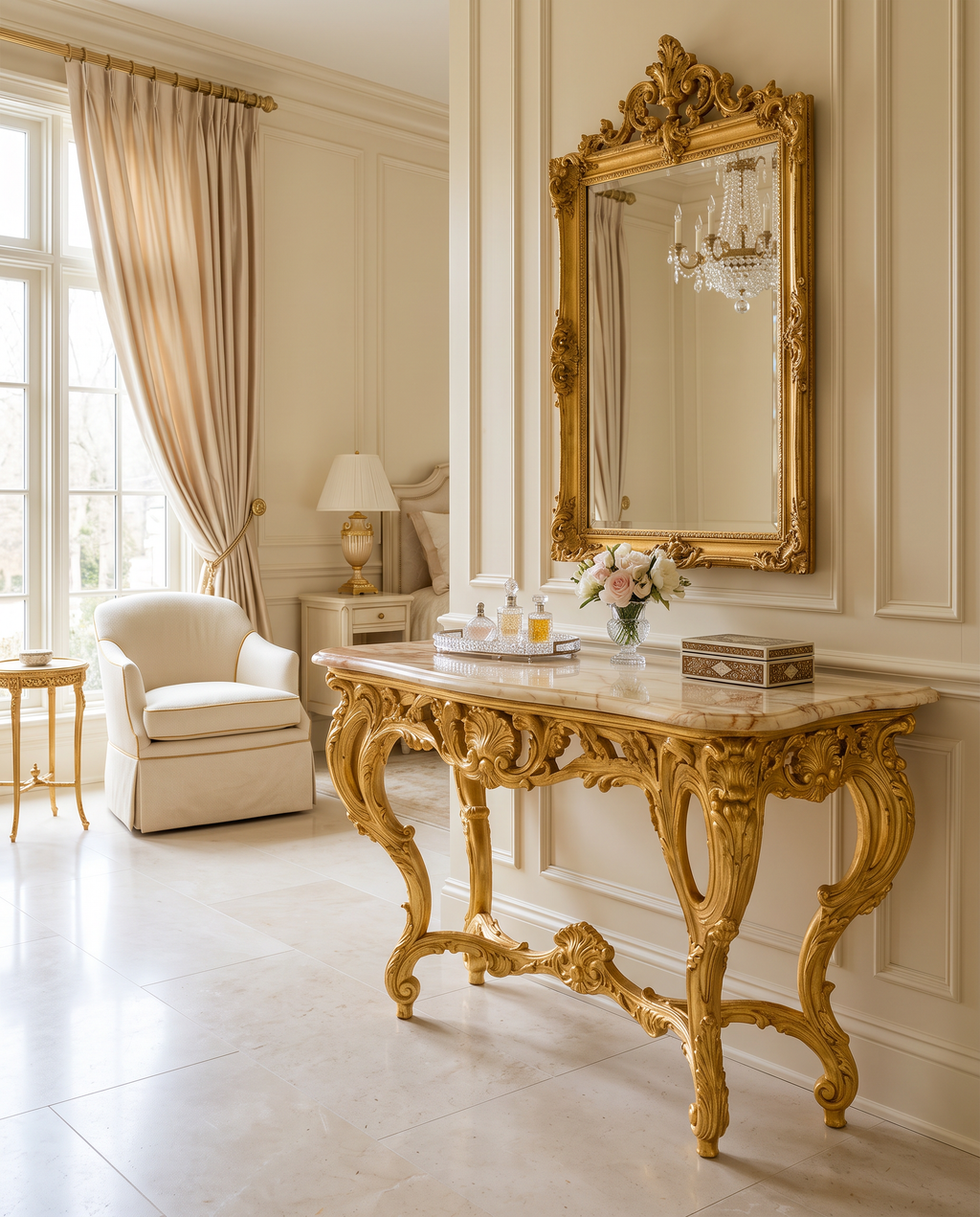 Aurelia Gold Console Table with Amber Marble Top