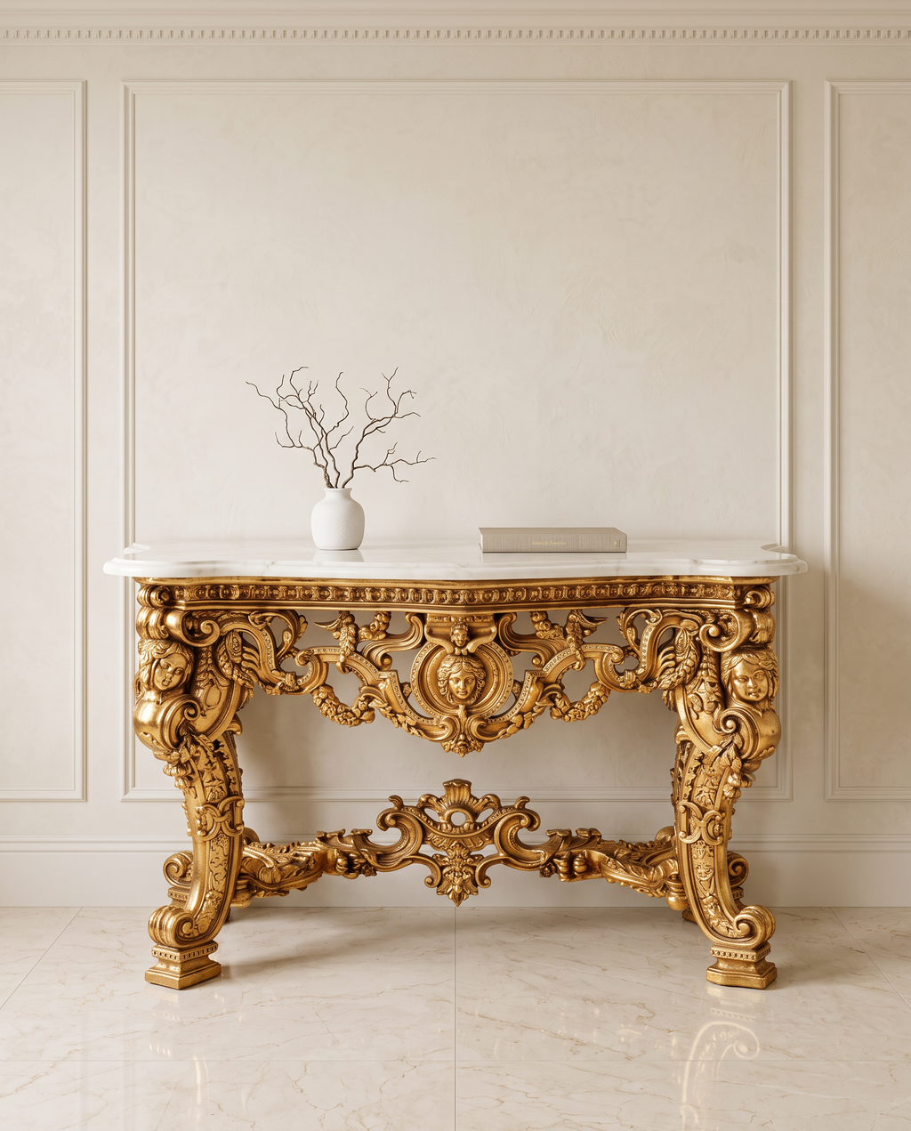 Baroque Carved Gold Console Table with White Marble Top