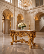 Baroque Carved Gold Console Table with White Marble Top