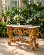 Baroque Carved Gold Console Table with White Marble Top