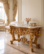 Baroque Carved Gold Console Table with White Marble Top