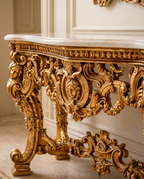 Baroque Carved Gold Console Table with White Marble Top