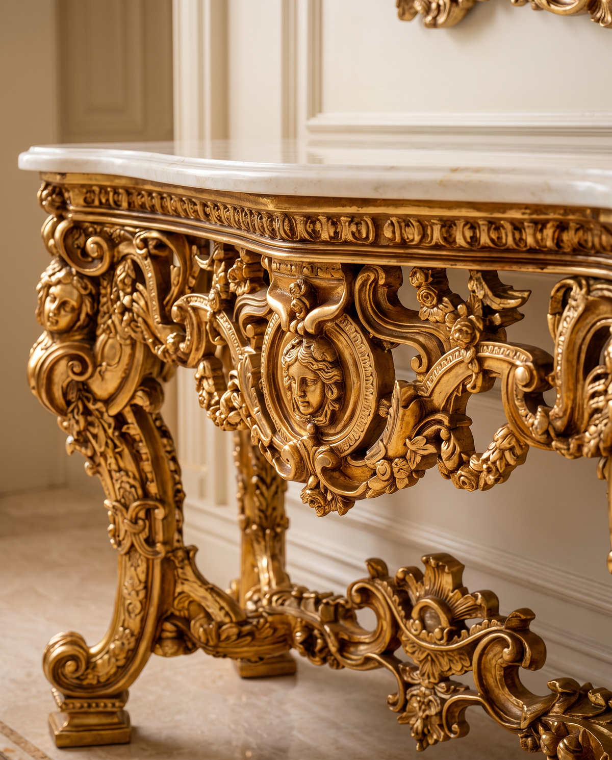 Baroque Carved Gold Console Table with White Marble Top