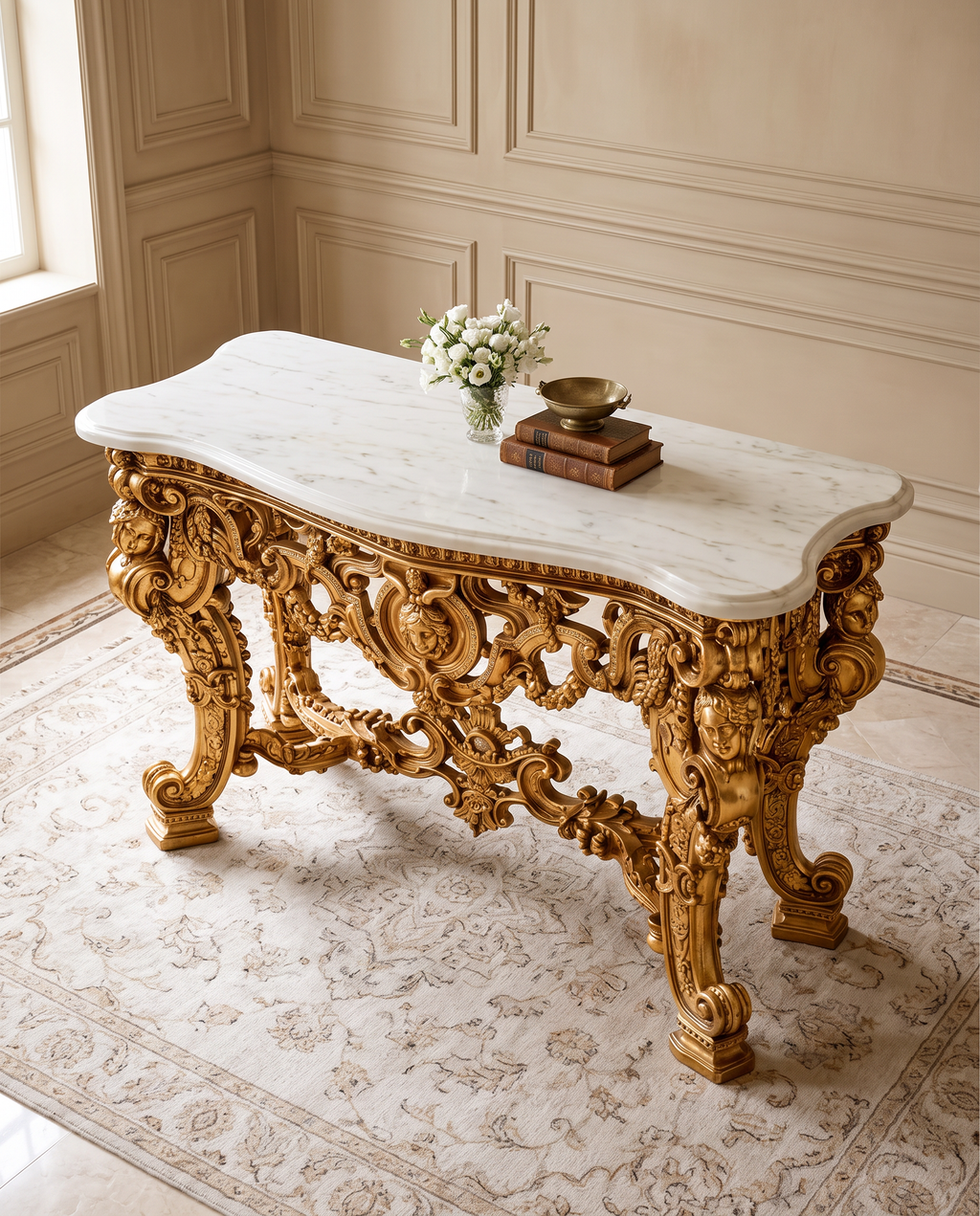 Baroque Carved Gold Console Table with White Marble Top