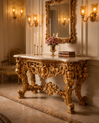 Baroque Carved Gold Console Table with White Marble Top