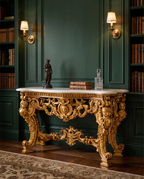 Baroque Carved Gold Console Table with White Marble Top