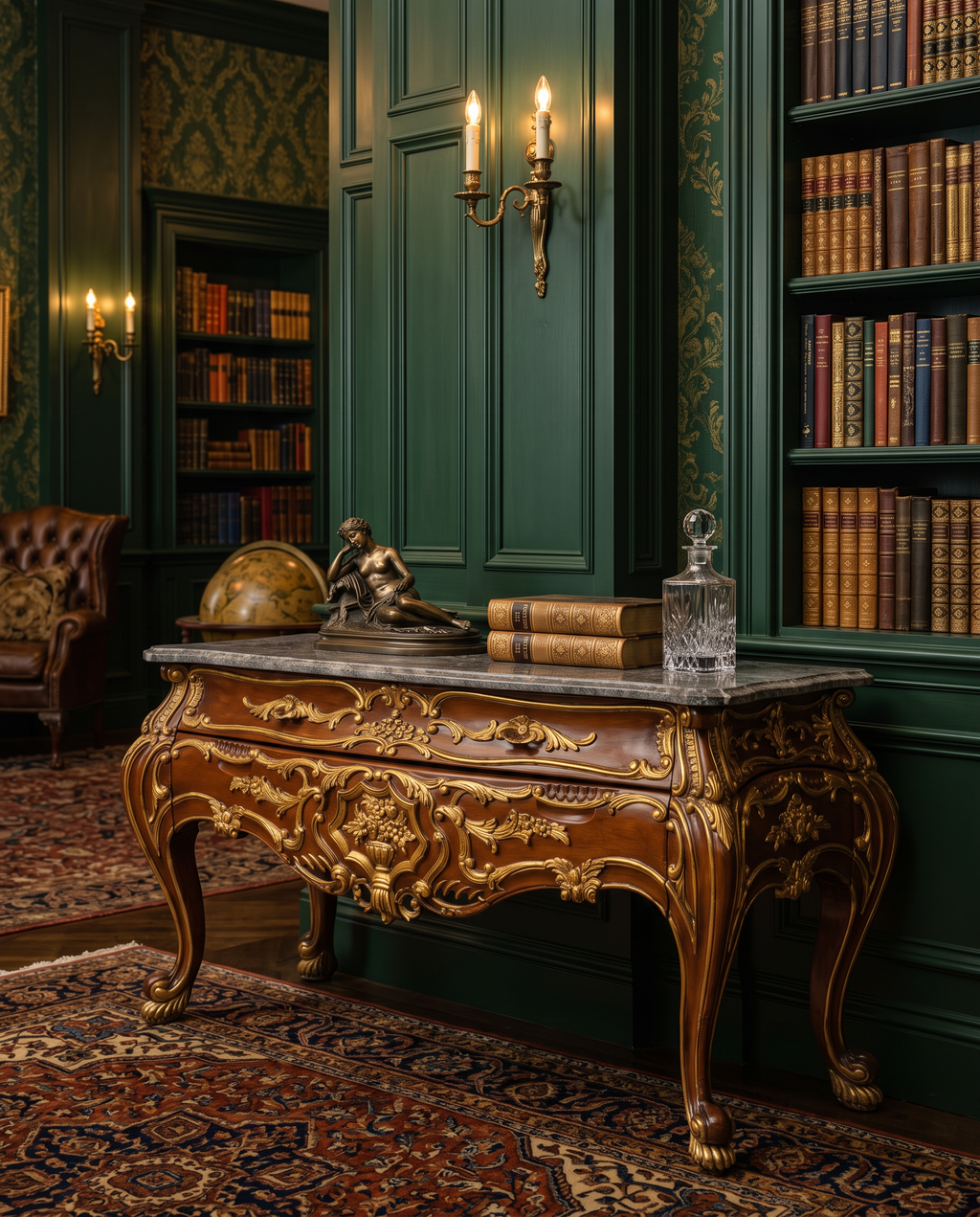 Baroque Console Table with Black Marble Top & Drawer Storage
