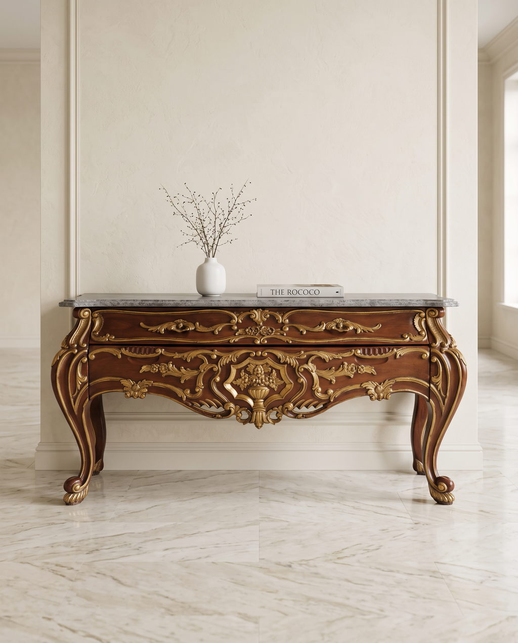 Baroque Console Table with Black Marble Top & Drawer Storage