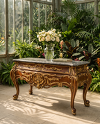 Baroque Console Table with Black Marble Top & Drawer Storage