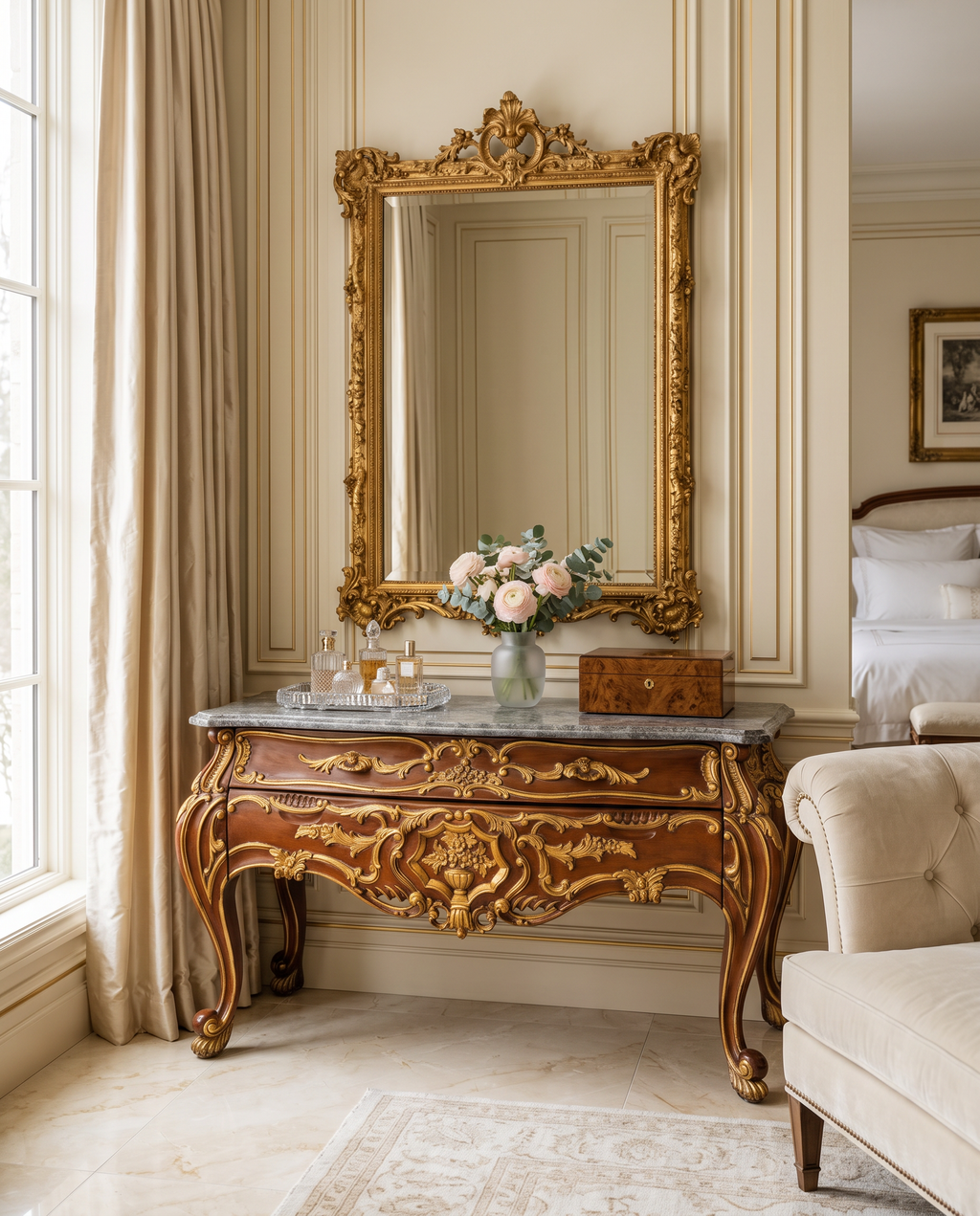 Baroque Console Table with Black Marble Top & Drawer Storage