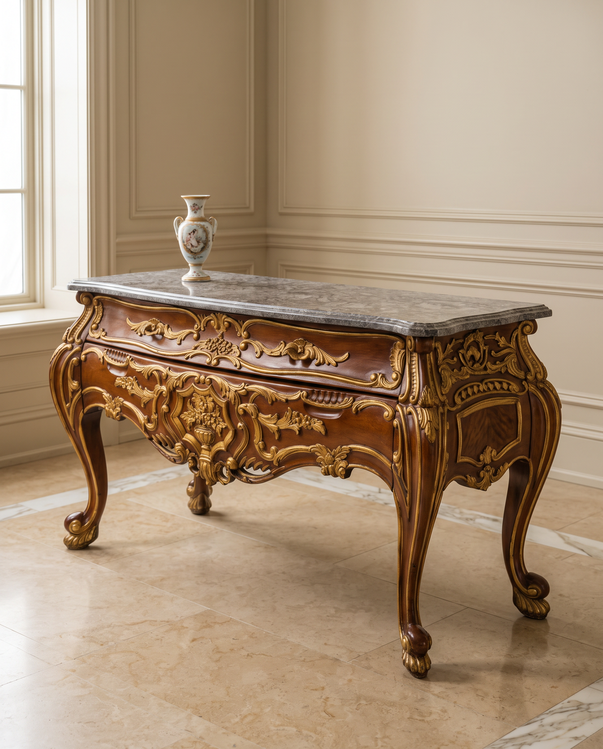 Baroque Console Table with Black Marble Top & Drawer Storage